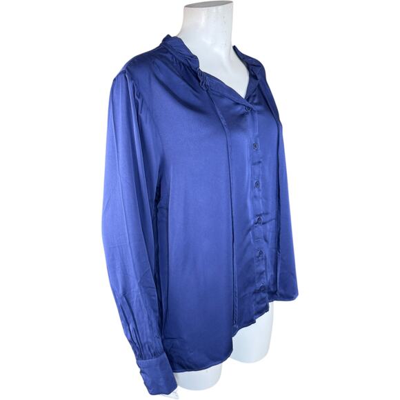 Side Stitch Button Down Top with Ruffle Neck Saphhire Stone Medium NWOT - Picture 10 of 14